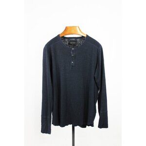 WINGS+HORNS 1x1 Slub Rib Knit Navy Blue Cotton Jersey Henley T-Shirt, Size XL